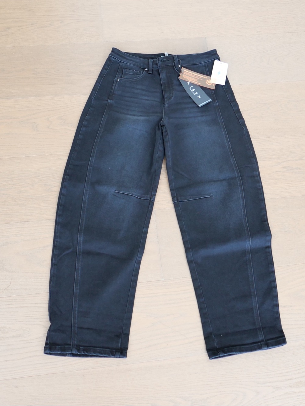 Risen Jeans - High Rise Boyfriend Cuffed Barrel Jeans in Washed Black 9/29